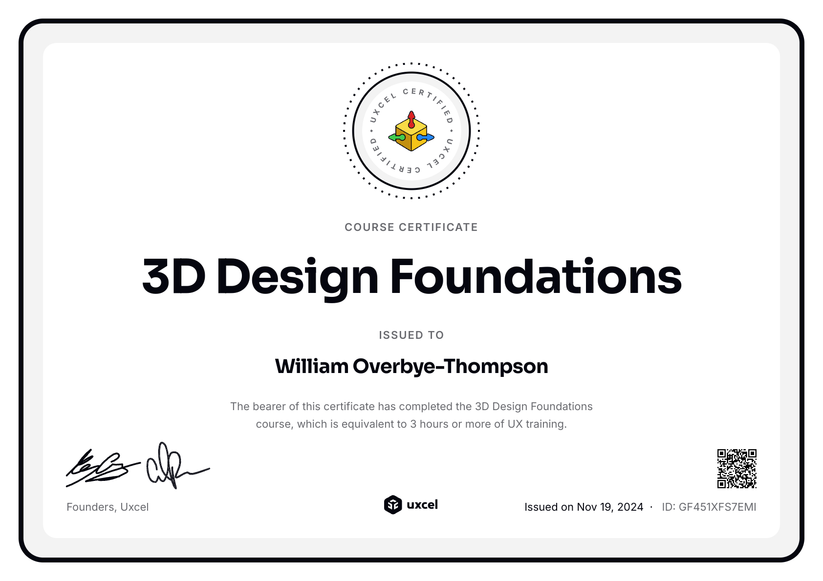 William Overbye-Thompson's certificate